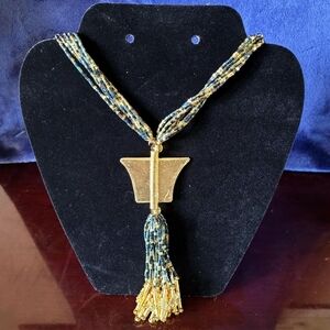 Vintage Gold and Blue Cut Glass Boho Gold Tassel Necklace